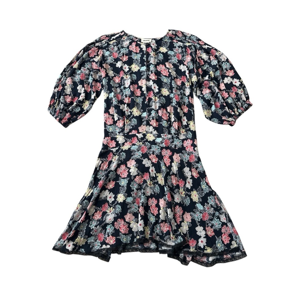 Zadig & Voltaire Raspali Print Mini Dress Sz Small Floral Drop Waist Puff Sleeve - Picture 4 of 10